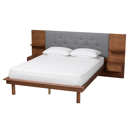 Baxton Studio Eliana Mid-Century Modern Grey Fabric and Wood Platform Bed w/ Built-In Nightstands-King 235-12774-ZORO
